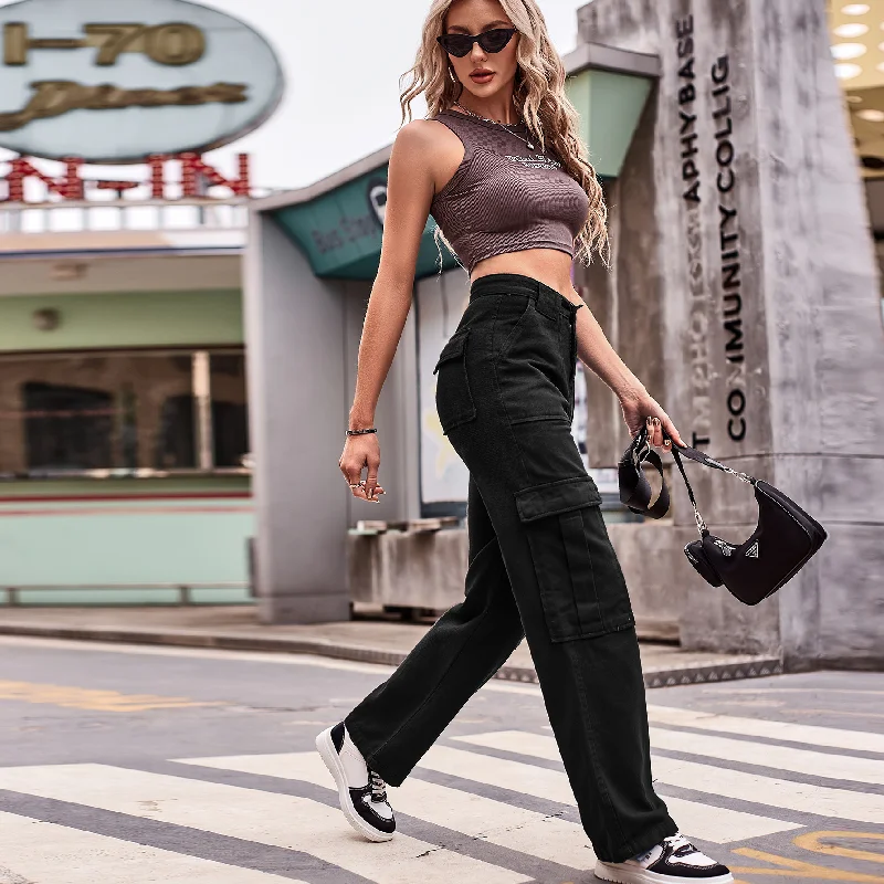 Fashion Women Street Style Multi Pocket Overalls Loose Casual Denim Pants Trendy Work Pants