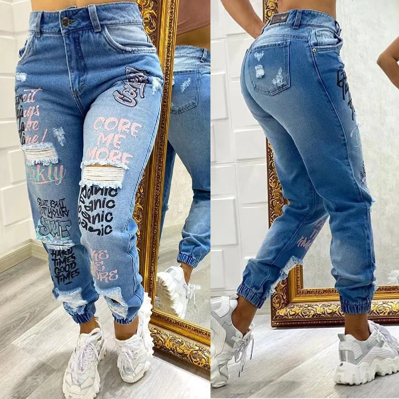 Women'S Fashion Casual Letter Printing Ripped Denim Pants Comfortable Jogging Pants