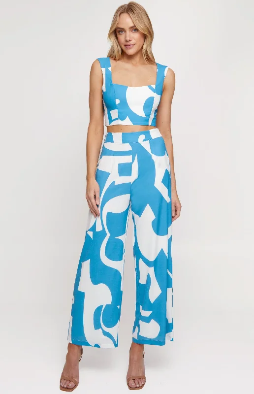 Abstract Contrast Print Set with Top & Pants Stylish Slim Trousers