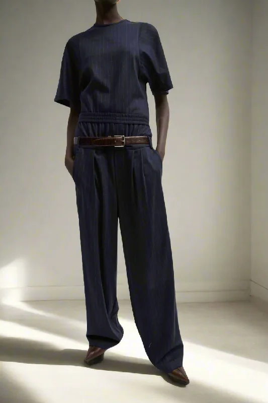 Pinstripe Double Waist Pants Chic Faux Leather Pants