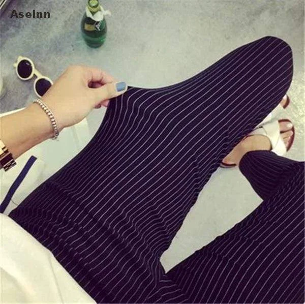 Women Striped Cotton Ankle Length Stretch Pants Soft Stretch Leggings