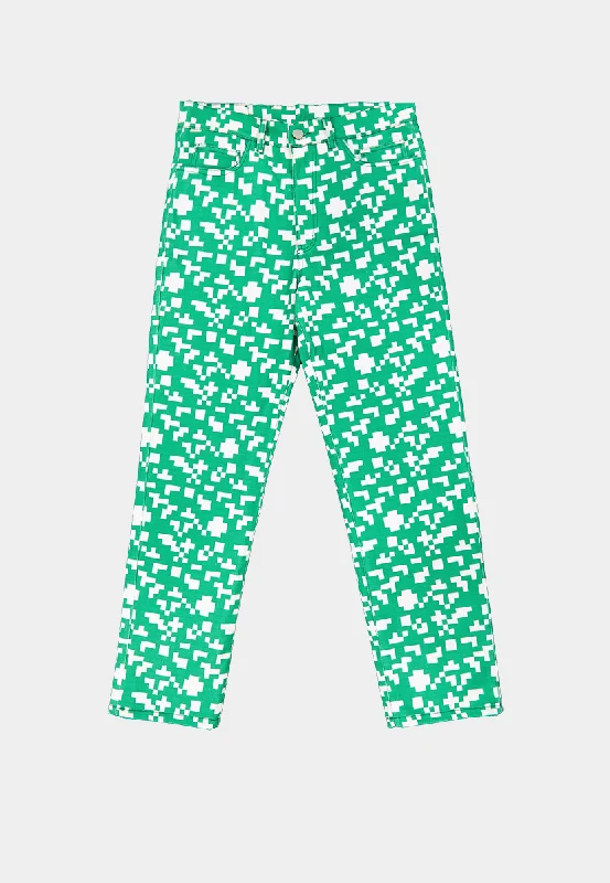 Ashluxe Pixel Denim Pant Green Trendy Wide-Legged Trousers