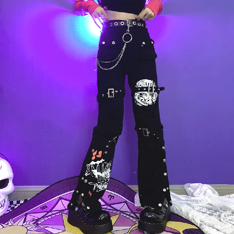Dark punk print pants yv30457 Relaxed High-Waist Trousers