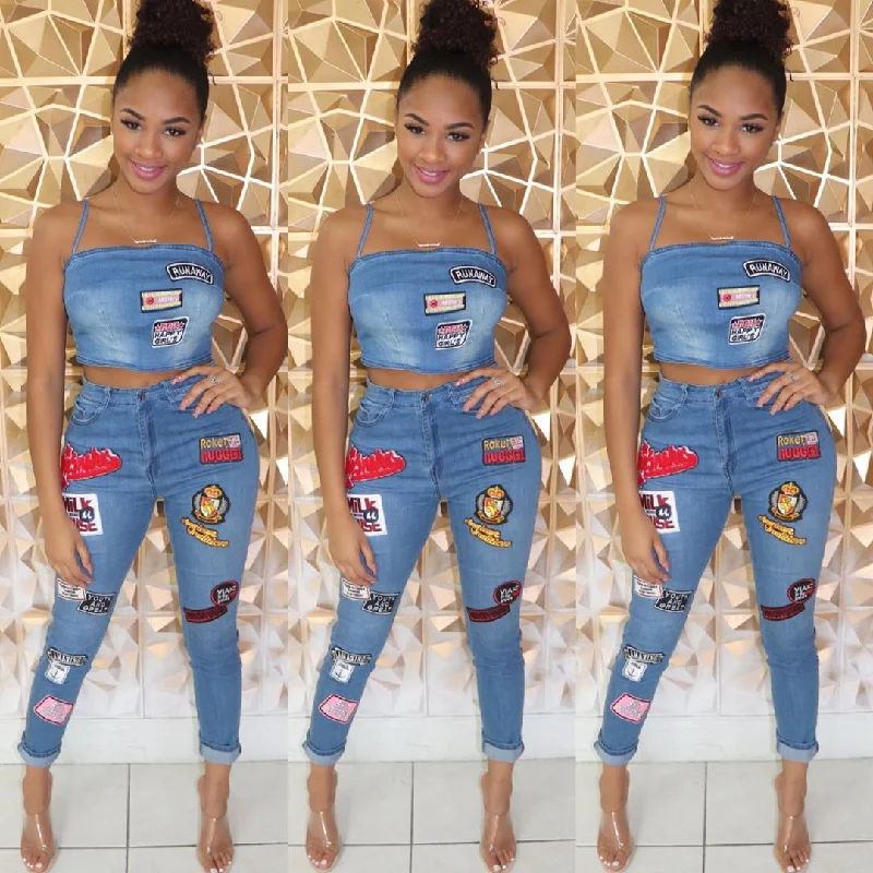 Sexy Sling Tube Top And Pants Patch Design Denim Two Piece Sets Trendy Printed Leggings