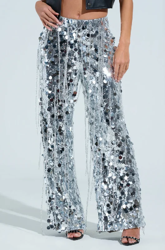 EXPENSIVE TASTE STRETCHY SEQUIN CHAIN PANTS Fashionable Tapered Leg Pants