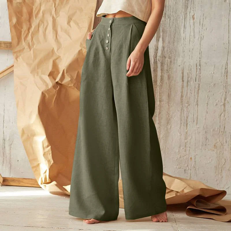 Wjczt teacher outfits Women's Solid Color High Waist Casual Button Cotton Linen Wide Leg Pants Chic Wool Trousers