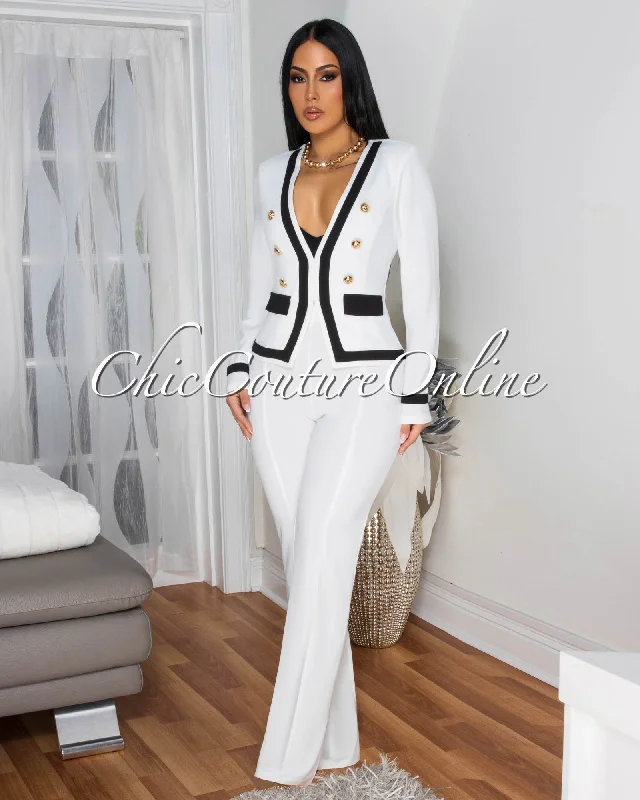 Fayola Off-White Black Trim Pants Set High-Waist Trousers