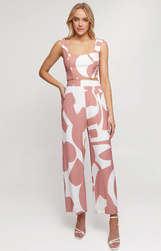 Abstract Contrast Print Set with Top & Pants Relaxed Linen Pants