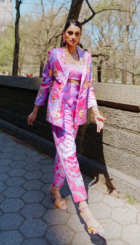 LIVING CORAL- Lilac and Hot pink sequin printed pant suit set Casual Sweatpants Style