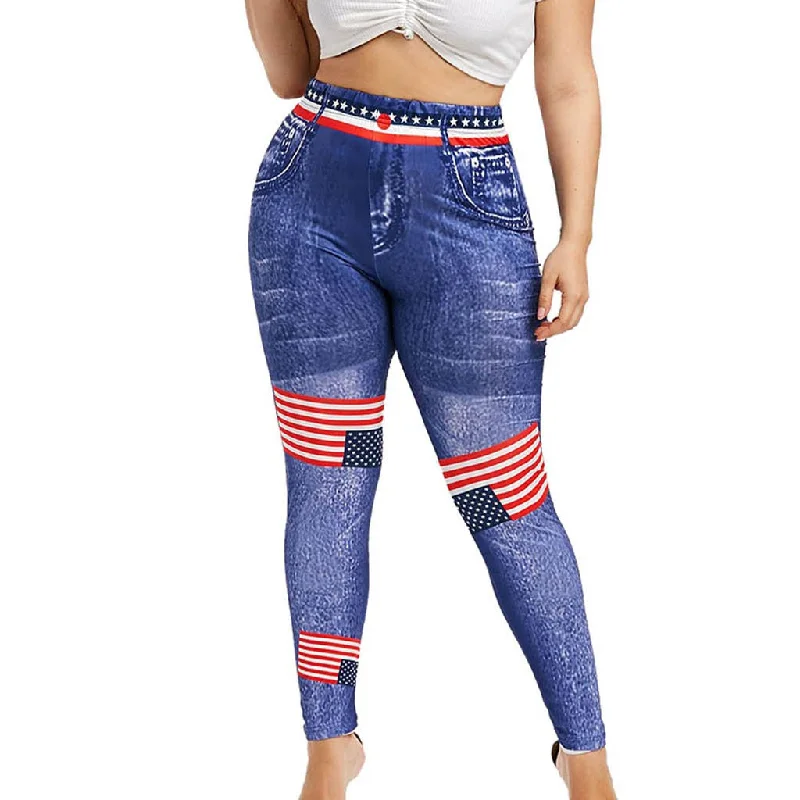 American Flag Print High Waist Elastic Waist 3D Plus Size Skinny Pants Soft Wool Pants