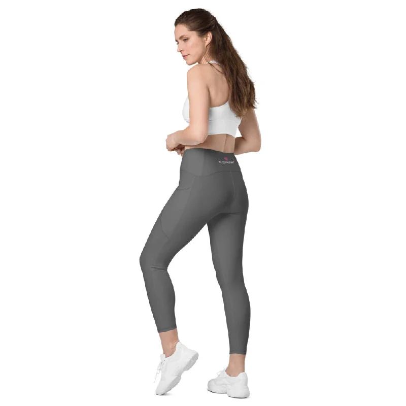 Dark Grey Women's Tights, Solid Color Best Yoga Pants With 2 Side Deep Long Pockets - Made in USA/EU/MX (US Size: 2XS-6XL) Comfortable Pleated Pants