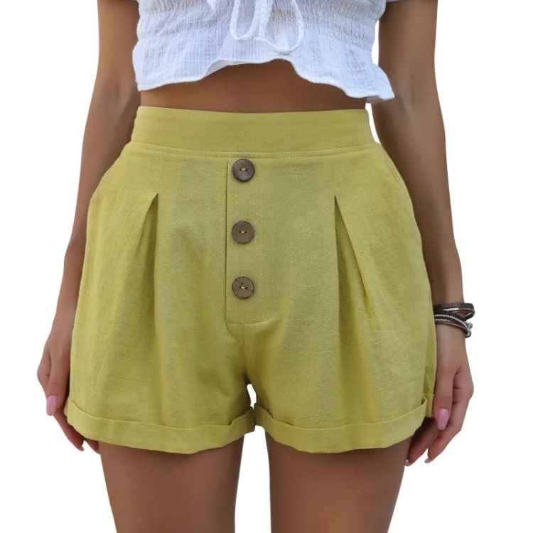 Cotton Linen Shorts Solid Color Casual Wide-leg Pants (Color:Yellow Size:L) Slim Fit Casual Pants