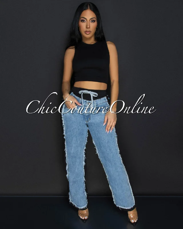 Allie Black Blue Denim Sporty Wide Legs Pants Modern Bootcut Pants