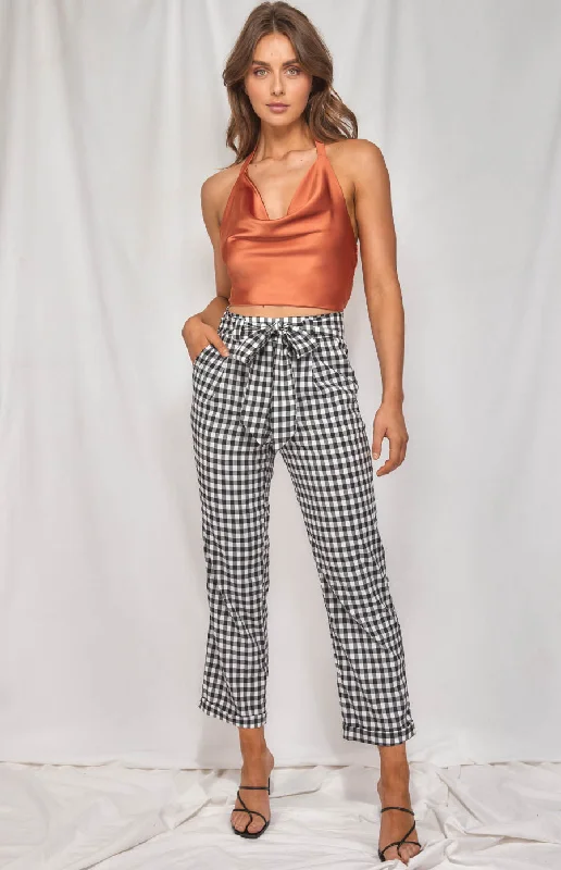 Checkered Cigarette Pants With Tie Stylish Elastic Waist Pants