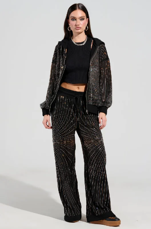 LIGHTS, CAMERA, ACTION! EMBELLISHED WIDE LEG SWEAT PANT Stylish Elastic Waist Pants