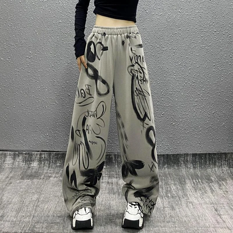 Wjczt outfits Printing Loose All-Match Sports Casual Pants for Women Spring New Western Style High Waist Slimming Straight Wide Leg Pants Classic Straight-Leg Pants