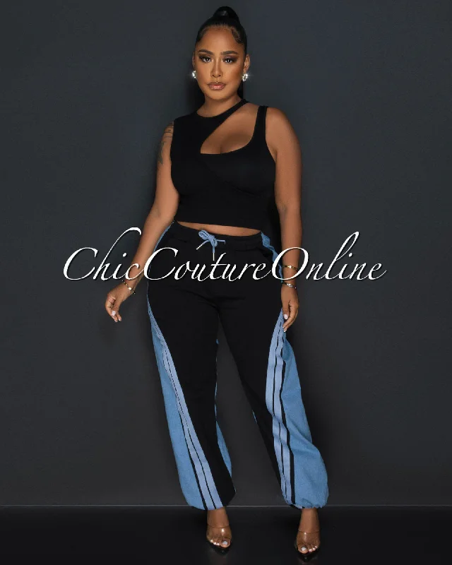 Kena Black Blue Denim Sporty Joggers Pants Comfortable Jogging Pants
