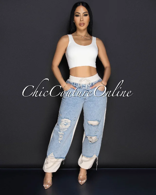 Cedar Beige Denim Sporty Joggers Pants Casual Wide Pants
