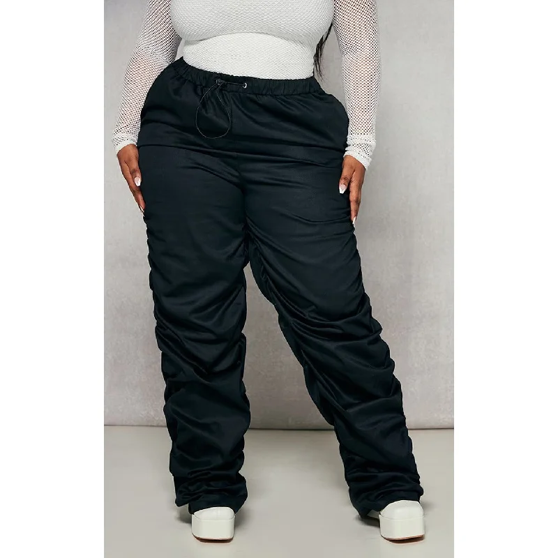 Black Twill Ruched Detail Pants Fashionable Track Pants