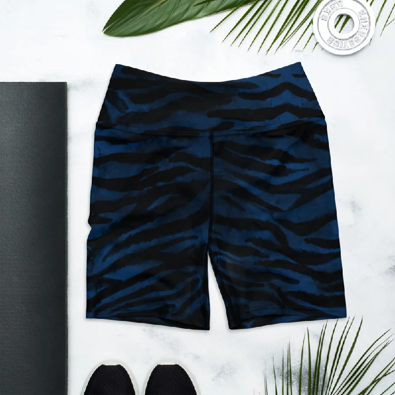 Navy Tiger Striped Yoga Shorts, Dark Blue Animal Print Women's Workout Pants-Made in USA/EU Lightweight Linen Pants