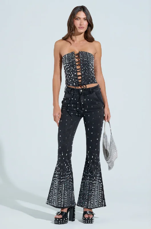 POPSTAR BLACK DENIM PANT WITH RHINESTONE Trendy Wide-Leg Pants