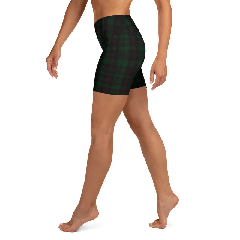 Dark Green Plaid Yoga Shorts, Tartan Print Workout Short Fitness Pants- Made in USA/EU Soft Stretch Leggings