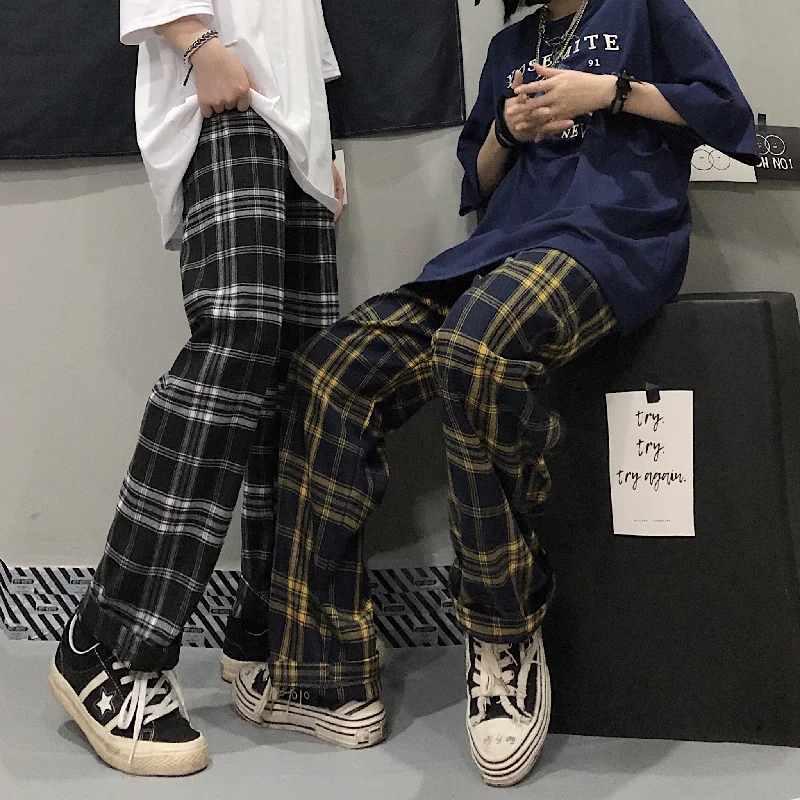 Retro bf plaid loose straight-leg pants YV43830 Chic Black Leggings