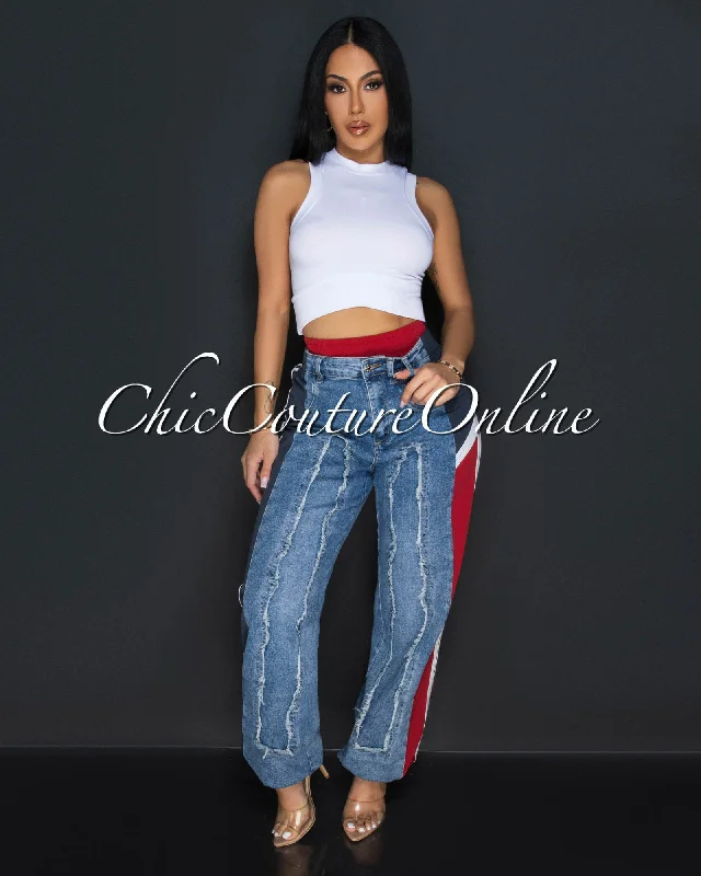 Jivanta Red Blue Denim Sporty Joggers Pants Fashionable Work Pants