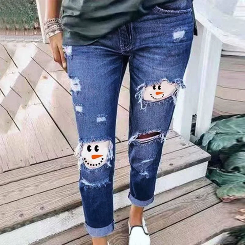 Women'S Fashion Ripped Cartoon Printing Stitching Denim Pants Relaxed Casual Leggings