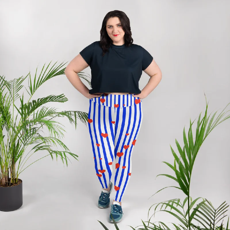 Blue Striped Plus Size Tights, Best Patriotic Blue Stripe Print Women's High Waist Elastic Long Yoga Pants- Made in USA (US Size: 2XL-6XL) Lightweight Linen Pants