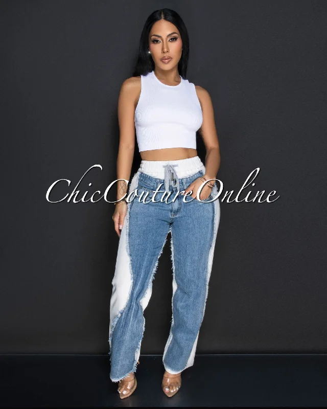 Allie White Blue Denim Sporty Wide Legs Pants Classic Straight-Leg Pants