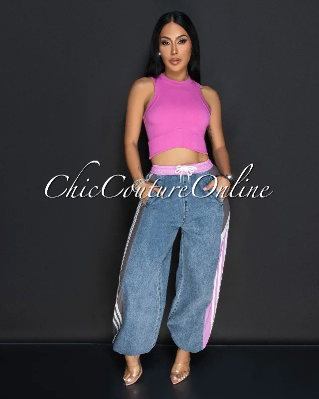 Rorey Pink Grey Denim Sporty Joggers Pants Formal Stretch Pants