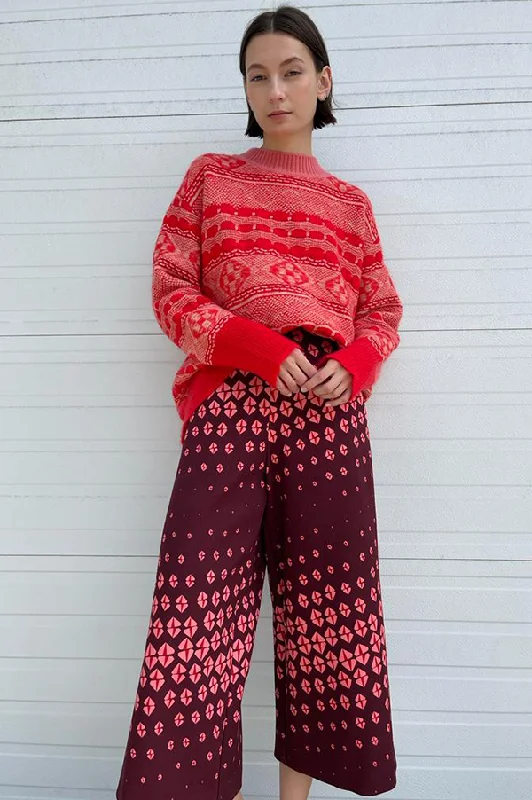 Cropped Wide Leg Gaucho Pants in Merlot Trendy High-Waist Trousers
