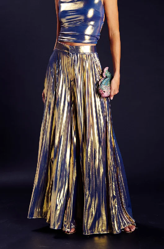 SWEET BUT SAVAGE PLEATED METALLIC PALAZZO PANT Chic Black Leggings