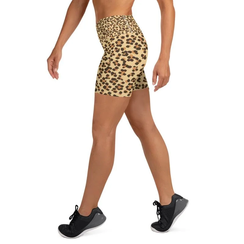 Brown Leopard Yoga Shorts, Animal Print Premium Women's Shorts Pants- Made in USA/ EU Comfortable Jogger Trousers