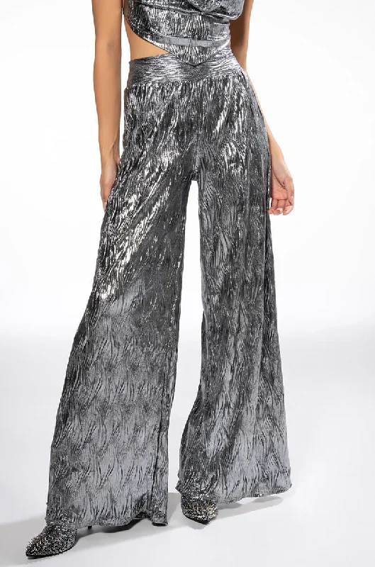 ABOVE ALL METALLIC WIDE LEG PANT Trendy Wide-Legged Trousers