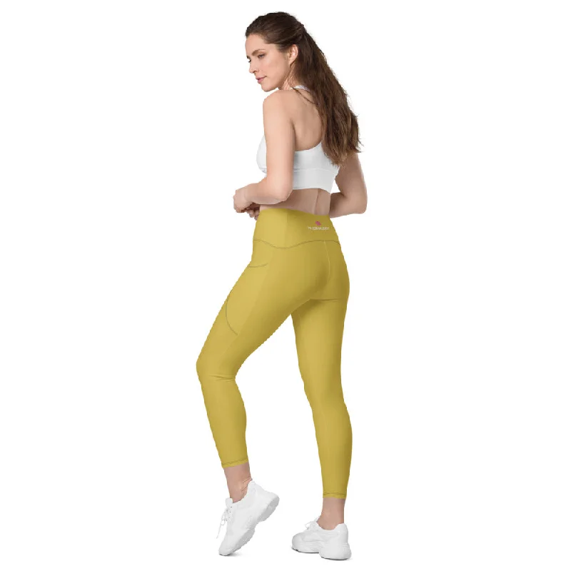 Dark Yellow Women's Tights, Solid Color Best Yoga Pants With 2 Side Deep Long Pockets - Made in USA/EU/MX (US Size: 2XS-6XL) Elegant High-Waist Pants Dark Yellow Women's Tights, Solid Color Best Yoga Pants With 2 Side Deep Long Pockets - Made in USA/EU/MX (US Size: 2XS-6XL) Elegant High-Waist Pants