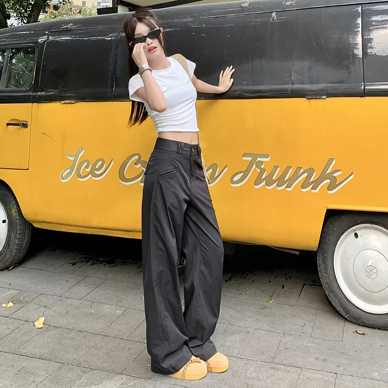 Wjczt 90s streetwear High Waist Loose Suit Pants Wide Leg Pants Draping Mop Straight Casual Pants for Women New Soft Wool Pants