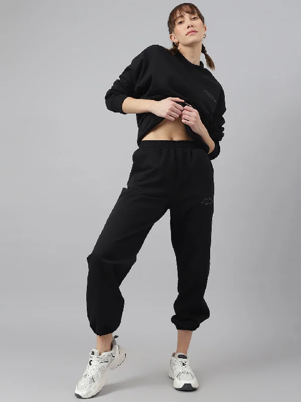 Fitkin Women Black Solid Oversized Fleece Jogger Pants Comfortable Denim Trousers