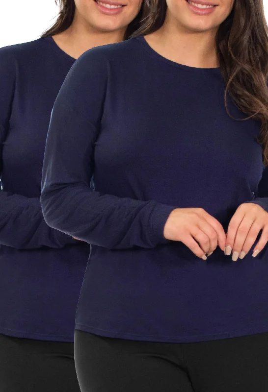 Bamboo Long Sleeve Relaxed Fit Tee - 2 Pack Navy Ribbed T-Shirt High Neck Heavyweight Bamboo Long Sleeve Relaxed Fit Tee - 2 Pack Navy Ribbed T-Shirt High Neck Heavyweight