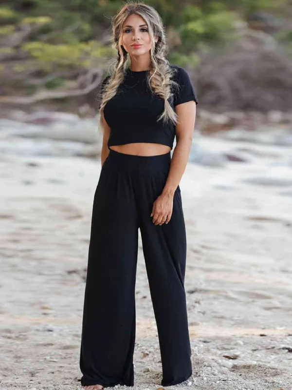 Short Sleeve T-Shirt and Wide Leg Pants Set Mesh Fabric Canvas Fabric Denim Fabric