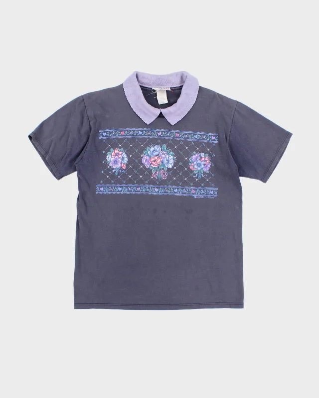 Vintage 90s Morning Sun Floral Collared T-Shirt - M Mesh Blend Leather Blend Suede Blend