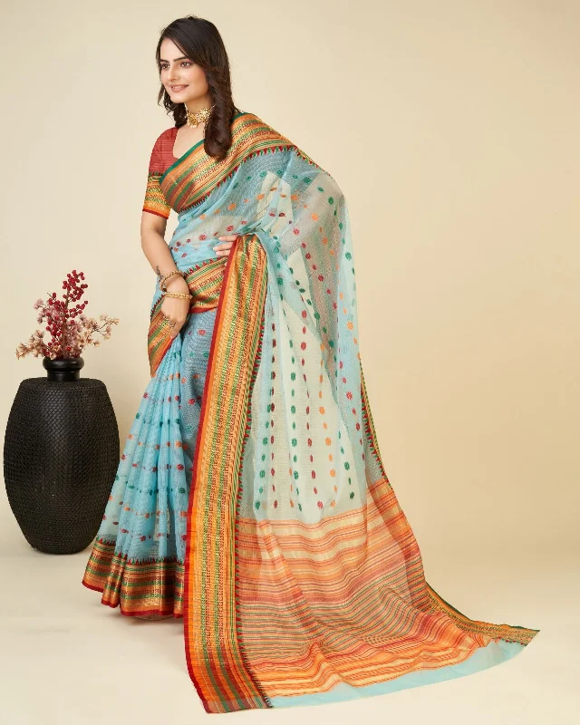 Women Casual Wear Kota Doriya(Semi Cotton) Saree with Un-Stitched Blouse Satin Long Blouse