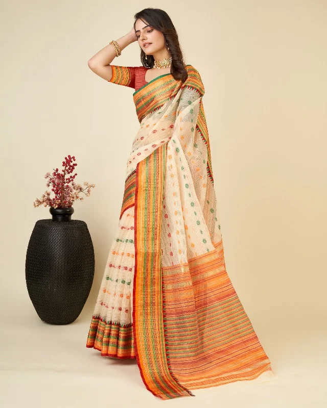 Women Casual Wear Kota Doriya(Semi Cotton) Saree with Un-Stitched Blouse Vintage Lace Blouse
