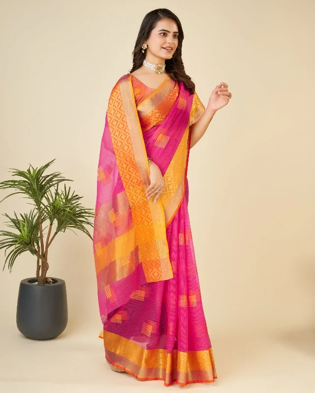 Women Casual Wear Kota Doriya(Semi Cotton) Saree with Un-Stitched Blouse High Neck Blouse Women Casual Wear Kota Doriya(Semi Cotton) Saree with Un-Stitched Blouse High Neck Blouse