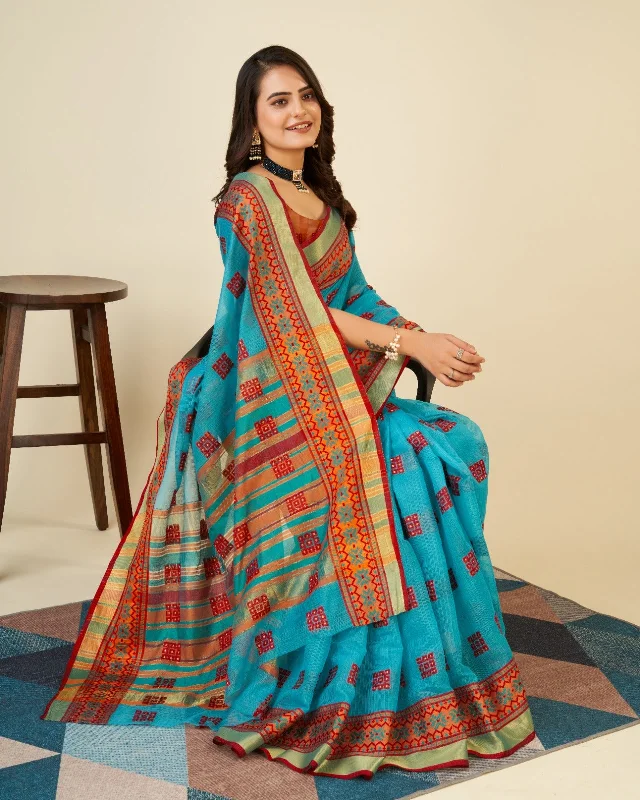 Women Casual Wear Kota Doriya(Semi Cotton) Saree with Un-Stitched Blouse Pastel Color Blouse