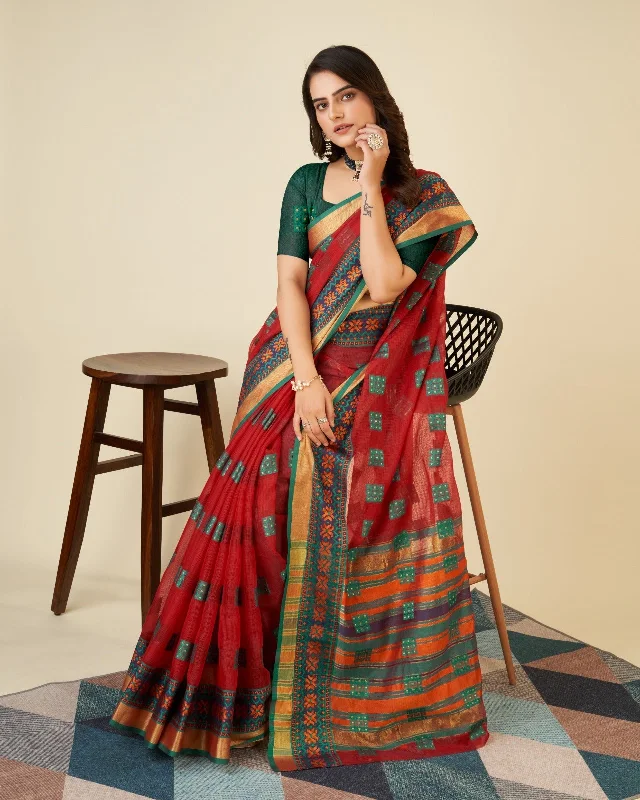 Women Casual Wear Kota Doriya(Semi Cotton) Saree with Un-Stitched Blouse Sheer Mesh Blouse