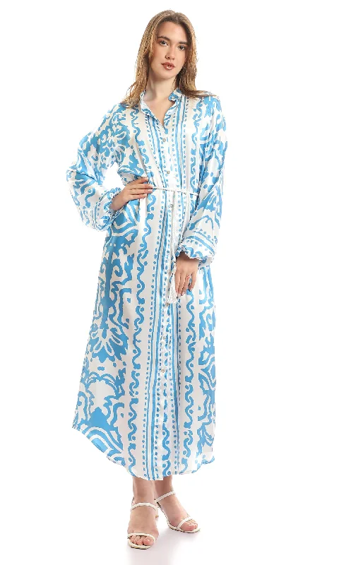 97573 Patterned Bi-Tone Full Buttoned Dress - White & Sky Blue