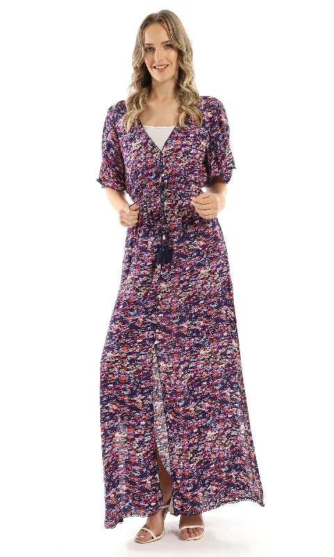 98199 Colorful Fluffy Summer Dress With Side Slits - Multicolour