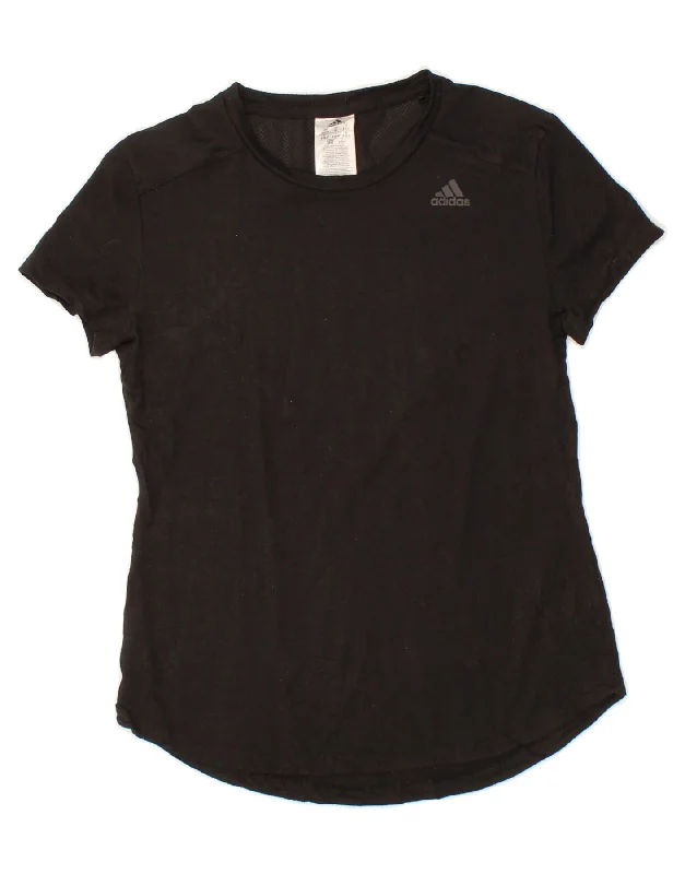 ADIDAS Womens Graphic T-Shirt Top UK 12/14 Medium Black Polyester Denim Fabric Leather Fabric Suede Fabric